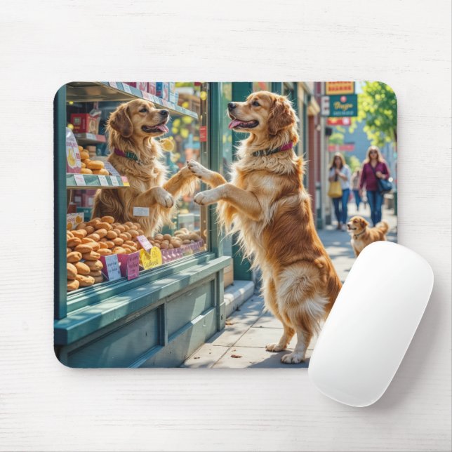 Mousepad Golden Retriever olhando para Pastelaria (Com mouse)