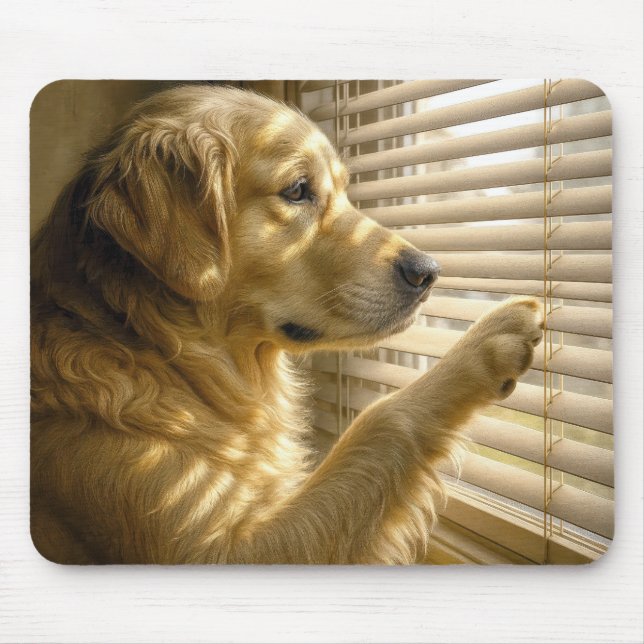 Mousepad Golden Retriever Peeking Through Sunlit Blinds (Frente)