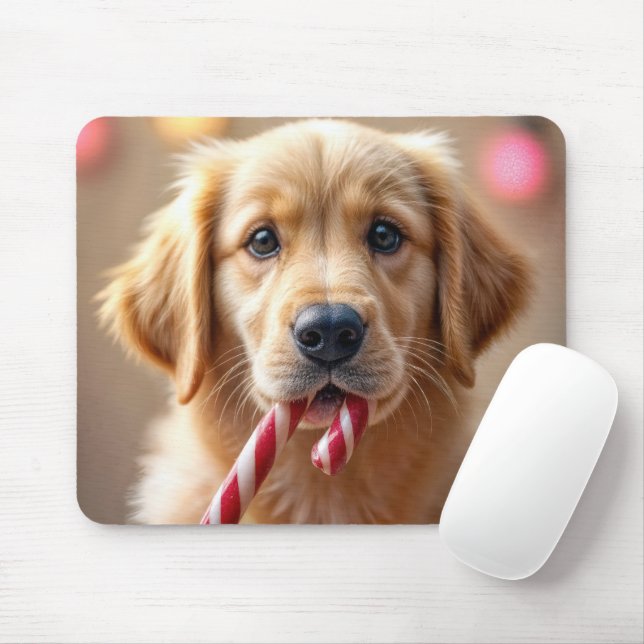Mousepad Golden Retriever Puppy With a Candy Cane (Com mouse)