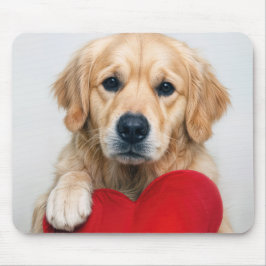 Mousepad Golden Retriever With a Red Heart Pillow