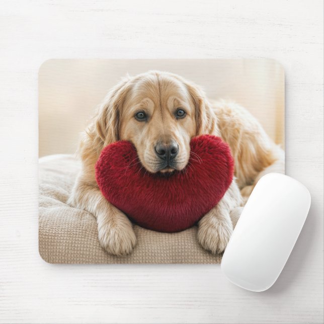 Mousepad Golden Retriever With a Red Heart Pillow (Com mouse)