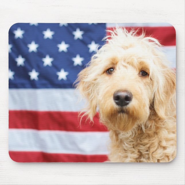Mousepad Goldendoodle com bandeira americana (Frente)