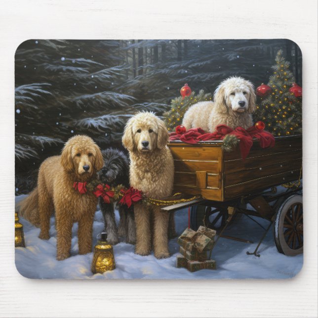 Mousepad Goldendoodle Nevado Trenó Natal Decoração (Frente)