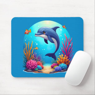Mousepad Golfinho Whimsical em recife de coral vibrante