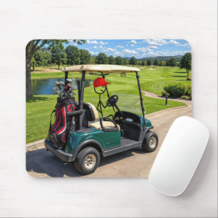 Mousepad Golfista em Boneco de Palito em um Carrinho de Gol