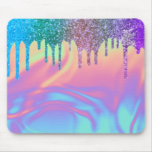 Mousepad Gotas de Brilho Moderno Arco-íris Ombre Holográfic