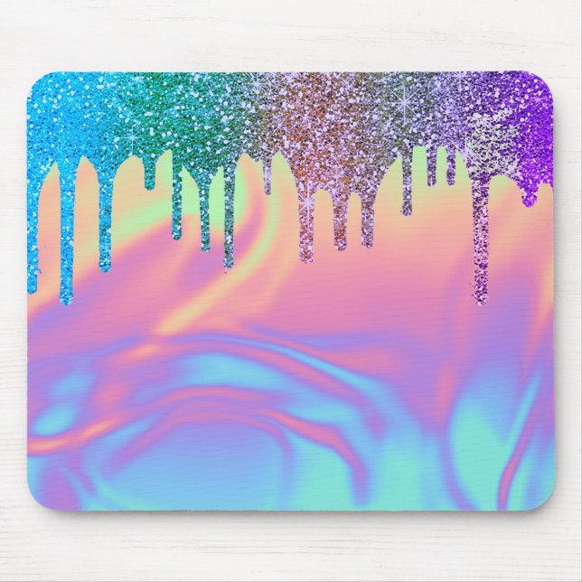Mousepad Gotas de Brilho Moderno Arco-íris Ombre Holográfic (Frente)