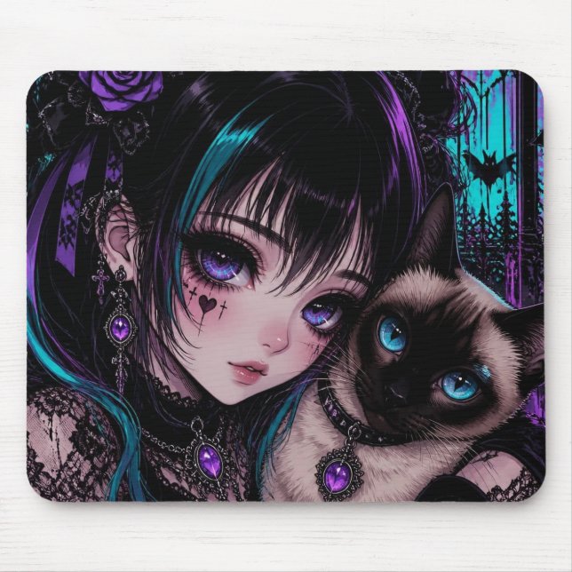 Mousepad Gótico Emo | Garota Anime & Gato (Frente)