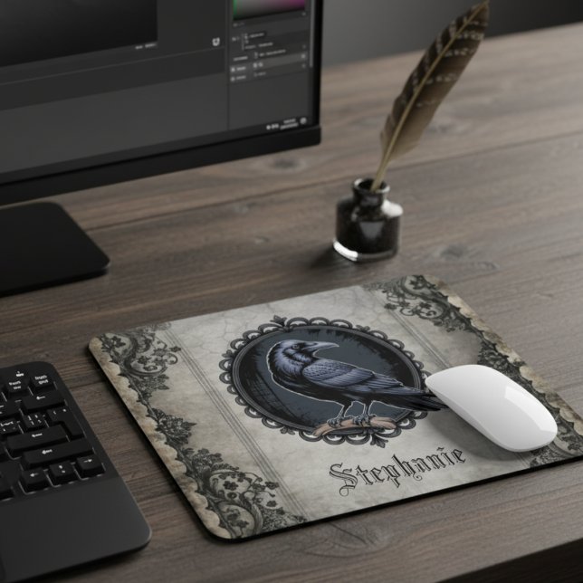 Mousepad Gótico Raven com Nome (Gothic raven personalized mouse pad)