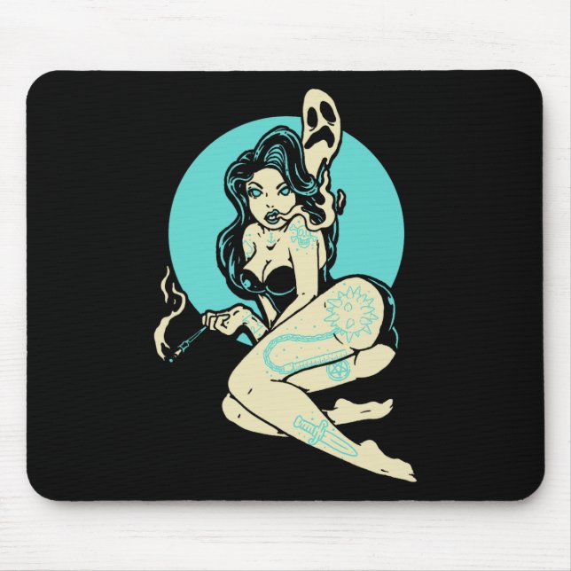 Mousepad Gótico Tatuado Menina Horror Ghost Moon Rockab (Frente)
