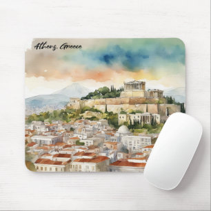Mousepad Grécia Atenas de Impressão de Aquarela Panorama