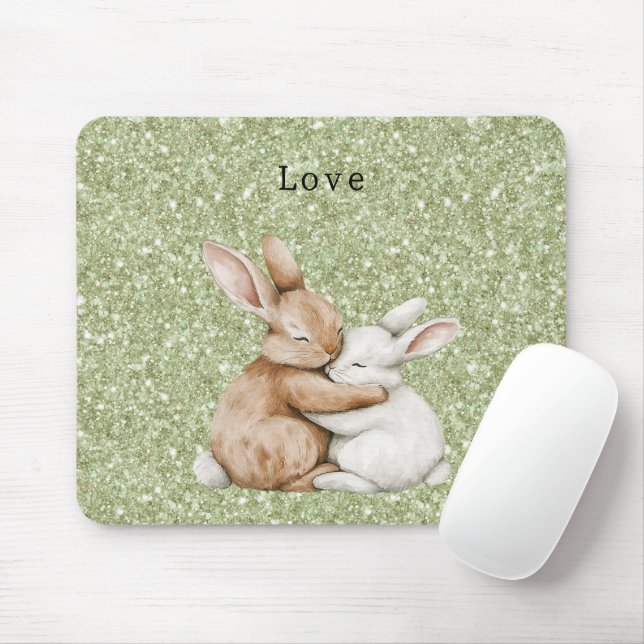 Mousepad Green Glitter Sweet Brown Cream White Bunny Hugs (Com mouse)