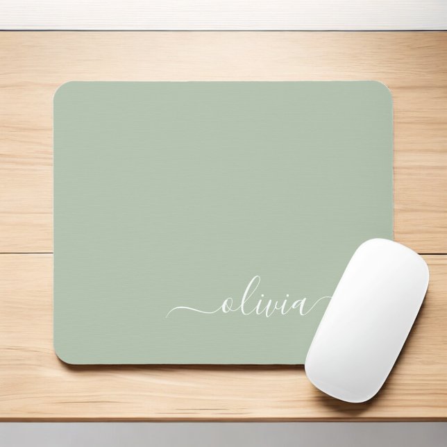 Mousepad Green Sage Girly Script Monograma Name Modern (Criador carregado)