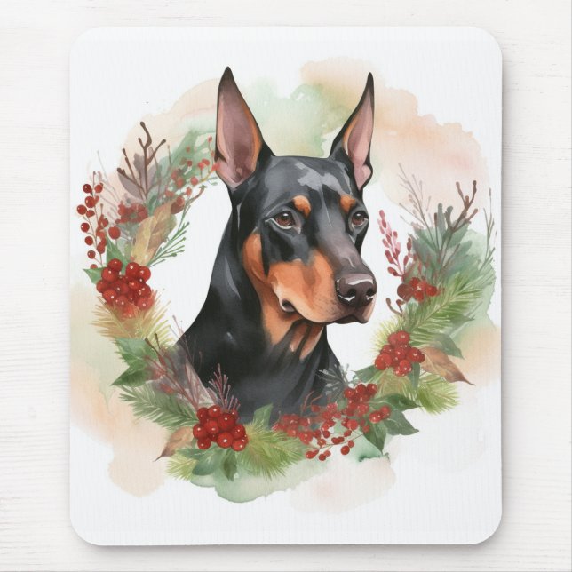 Mousepad Grinalda de Natal de Doberman Cachorro Festivo (Frente)