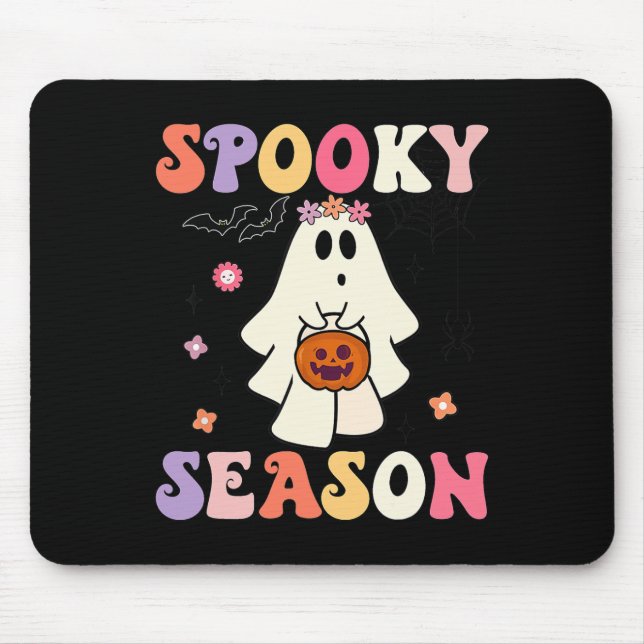 Mousepad Groovy Halloween Ghost Segurando Pumpkin Spooky Se (Frente)