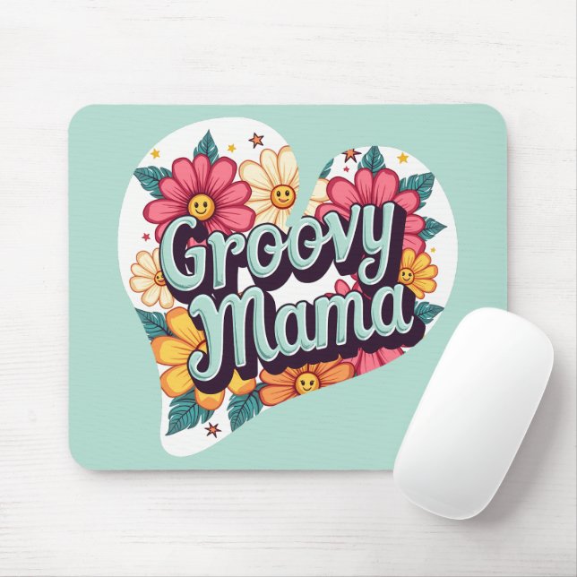 Mousepad Groovy Mama Retro Floral 70s Design estético (Com mouse)