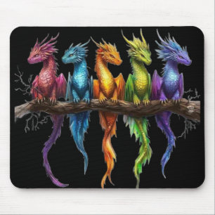 Mousepad Grupo Arco-íris de Dragões Bebês em Preto