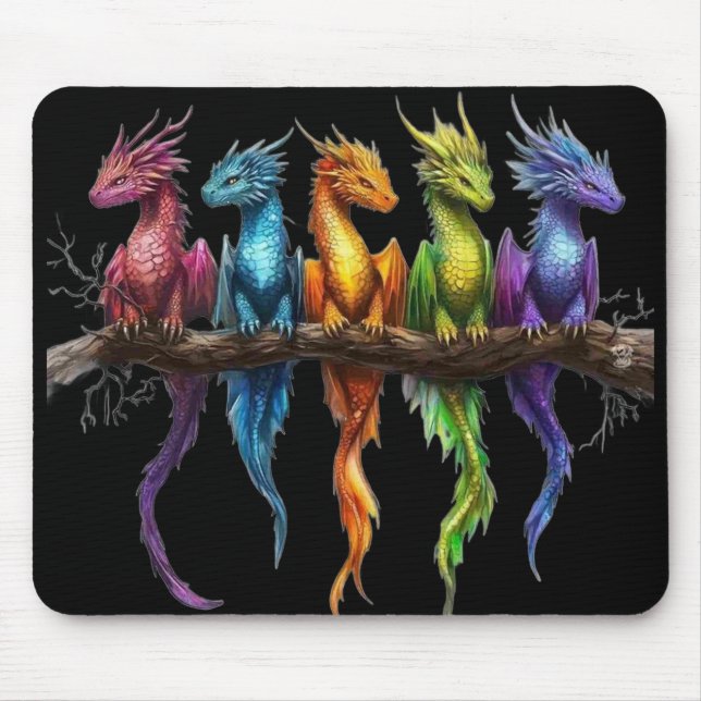 Mousepad Grupo Arco-íris de Dragões Bebês em Preto (Frente)