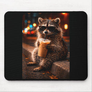 Mousepad Guaxinim bebendo café gelado, panda lixo engraçado