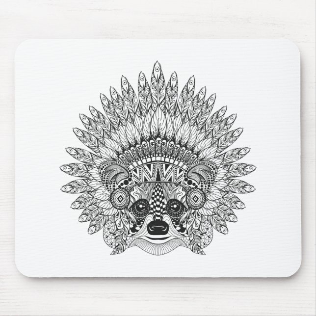Mousepad Guaxinim no Doodle emplumado da capota da guerra (Frente)