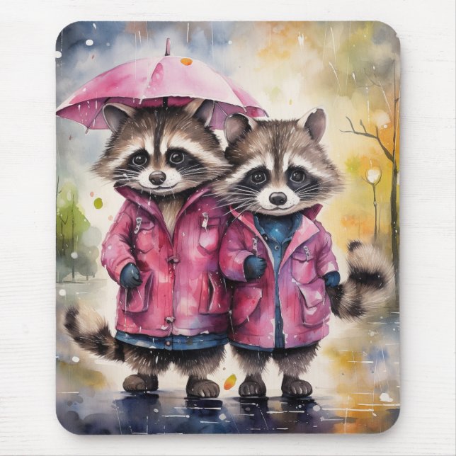 Mousepad Guaxinins Fofos na Chuva (Frente)