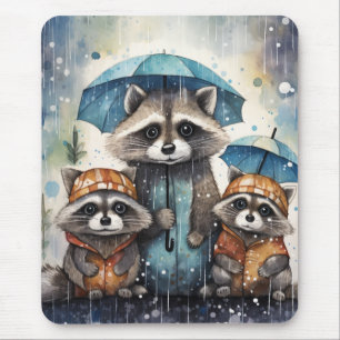 Mousepad Guaxinins Fofos na Chuva