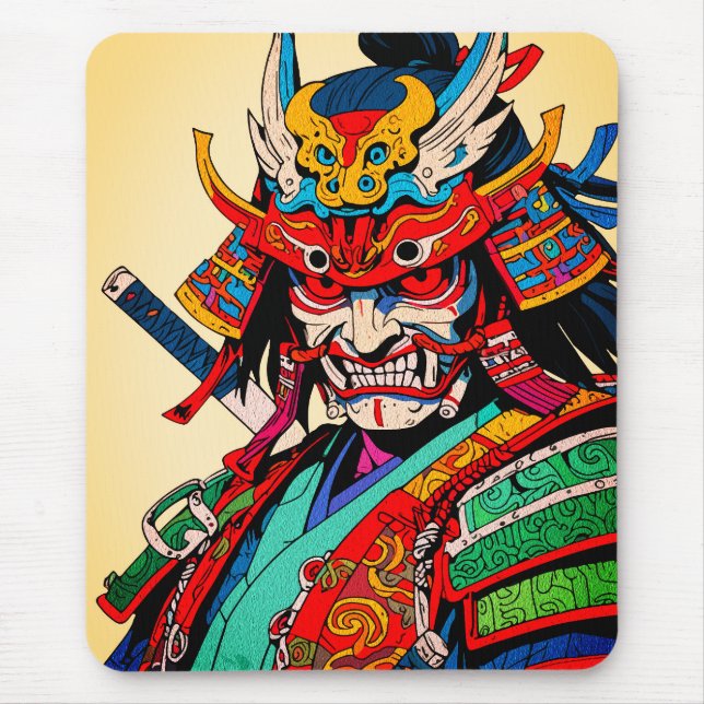 Mousepad Guerreiro Samurai Feroz – Colorido Bushido Japonês (Frente)