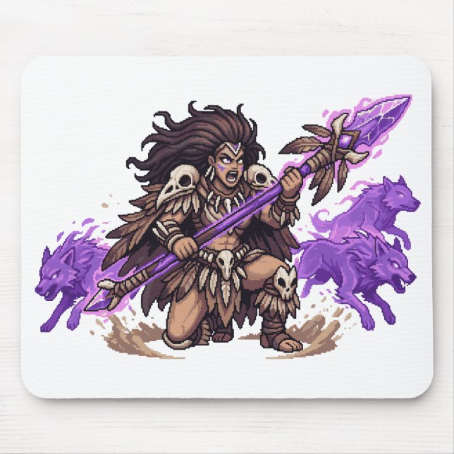 Mousepad Guerreiro Xamã de Pixel Art com Lobos Espíritos Fa (Frente)