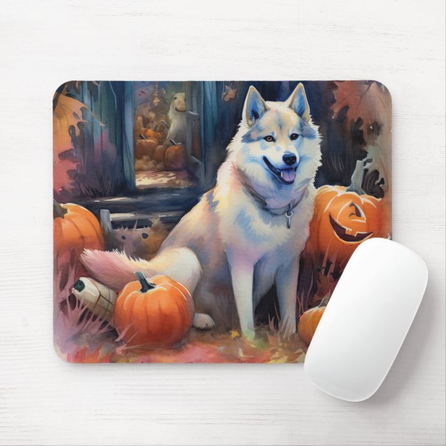 Mousepad Halloween Alaskan Malamute Com Pumpkins Assustado (Com mouse)