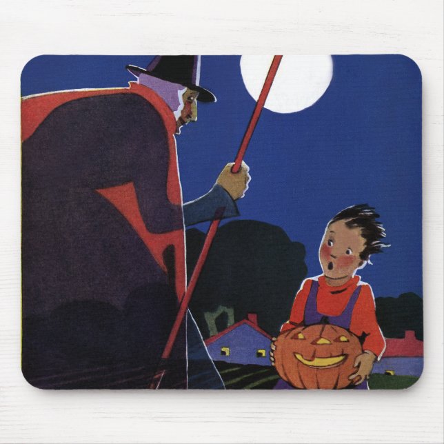 Mousepad Halloween Antigo, Bruxa Assustadora com Menino (Frente)