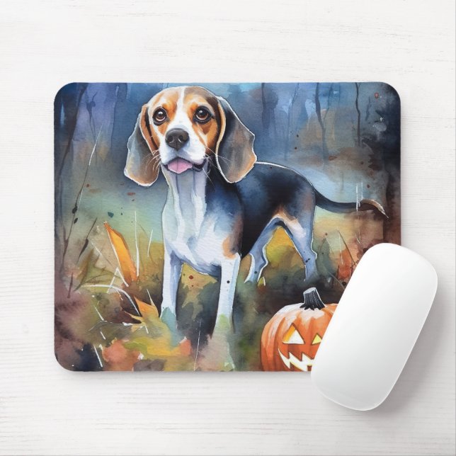Mousepad Halloween Beagle Com Pumpkins Assustado (Com mouse)