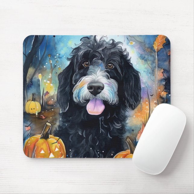 Mousepad Halloween Bernedoodle Com Pumpkins Assustado (Com mouse)
