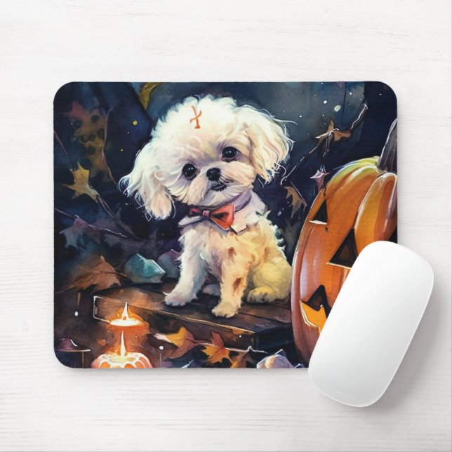 Mousepad Halloween Bichon Frise Com Pumpkins Assustado (Com mouse)