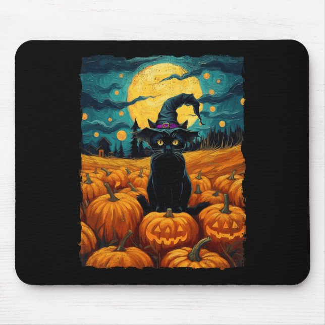 Mousepad Halloween Black Cat Van Gogh Witch Kawaii Pumpkin (Frente)
