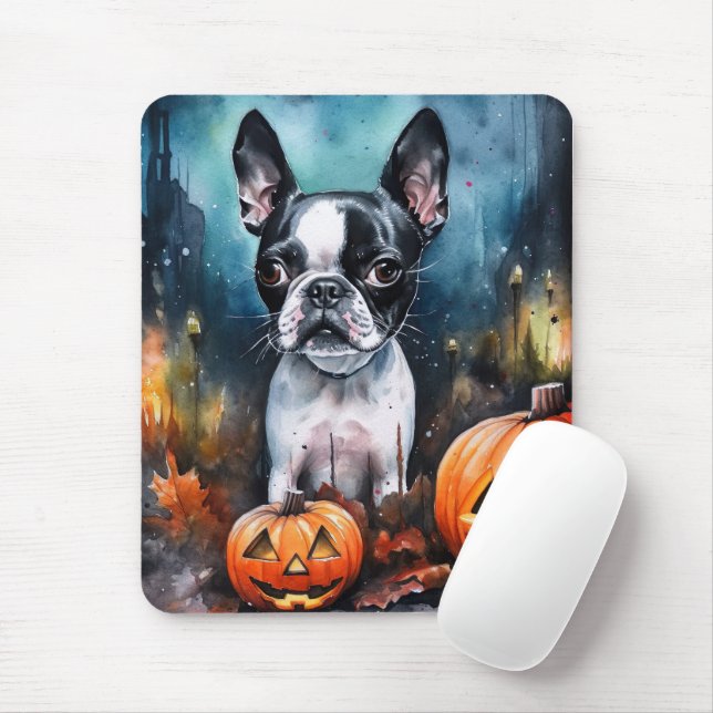 Mousepad Halloween Boston Terrier Com Pumpkins Assustado (Com mouse)