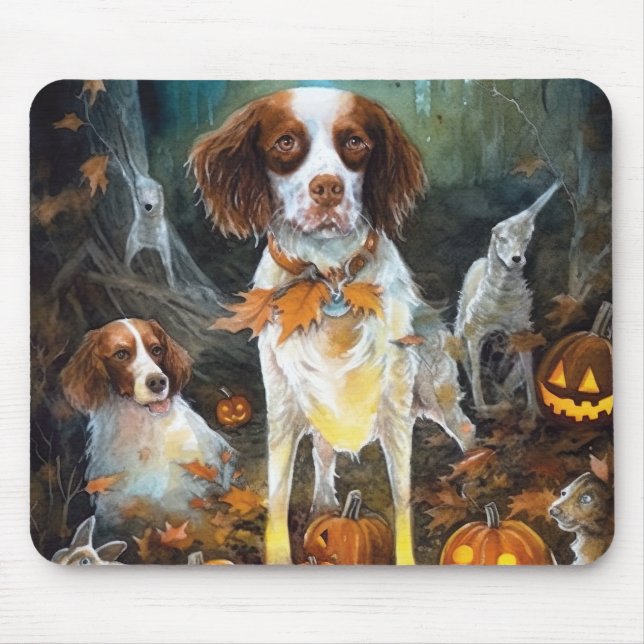 Mousepad Halloween Brittany Spaniel Com Pumpkins Assustado (Frente)