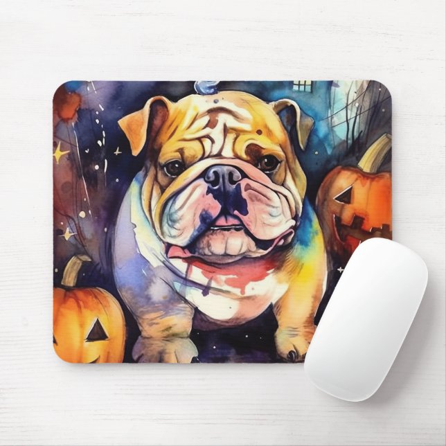 Mousepad Halloween Bulldog Com Pumpkins Assustado (Com mouse)