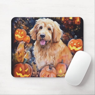 Mousepad Halloween Goldendoodle com Abóboras Assustador