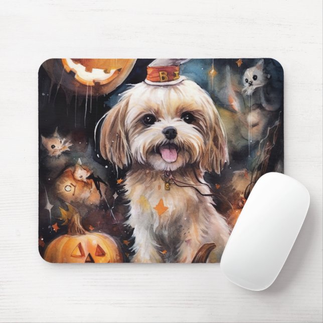 Mousepad Halloween Lhasa Apso Com Pumpkins Assustado (Com mouse)