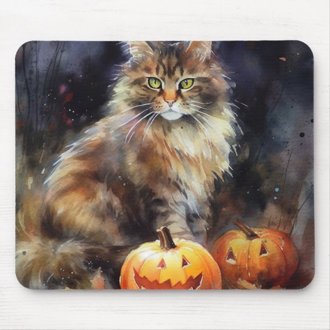 Mousepad Halloween Maine Coon Cat Com Pumpkins Assustado (Frente)