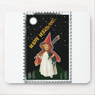 Mousepad Halloween - Menina com vassoura e gato preto