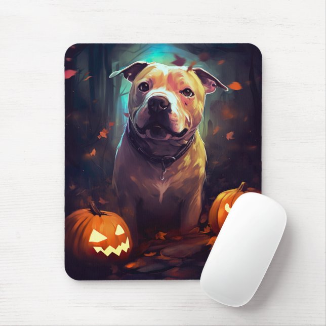 Mousepad Halloween Pitbull Com Pumpkins Assustado (Com mouse)