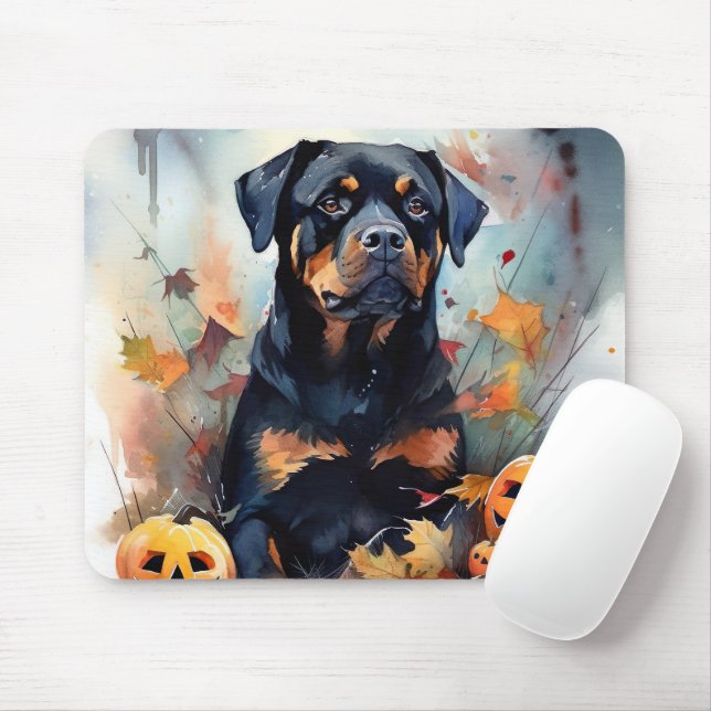Mousepad Halloween Rottweiler Com Pumpkins Assustado (Com mouse)