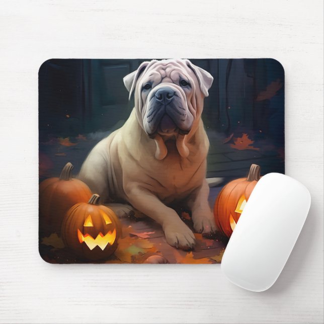 Mousepad Halloween Shar Pei Com Pumpkins Assustado (Com mouse)
