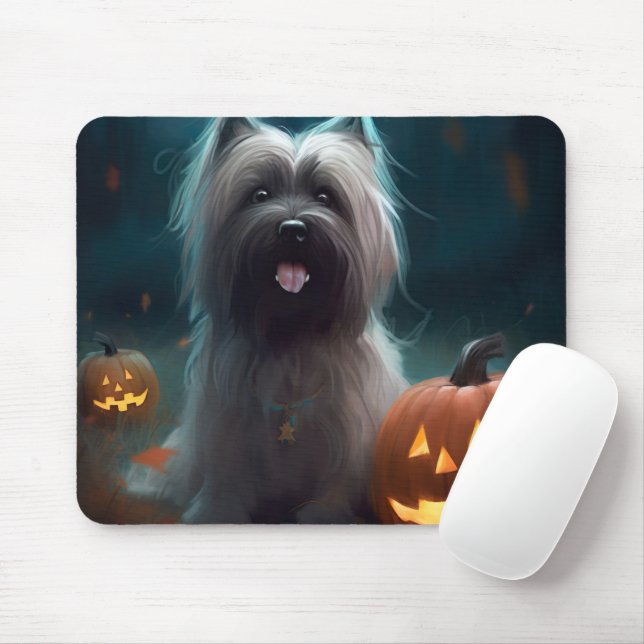 Mousepad Halloween Skye Terrier Com Pumpkins Assustado (Com mouse)
