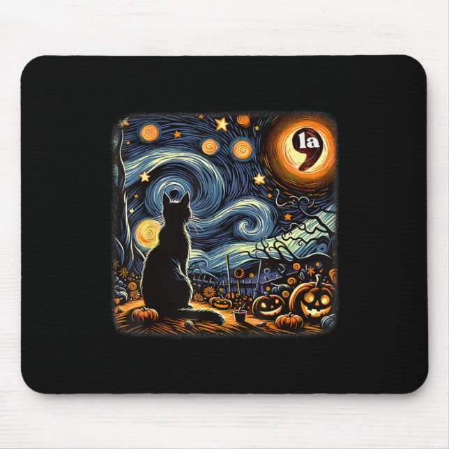 Mousepad Halloween Starry Night Black Cat Comma La Kamala 1 (Frente)