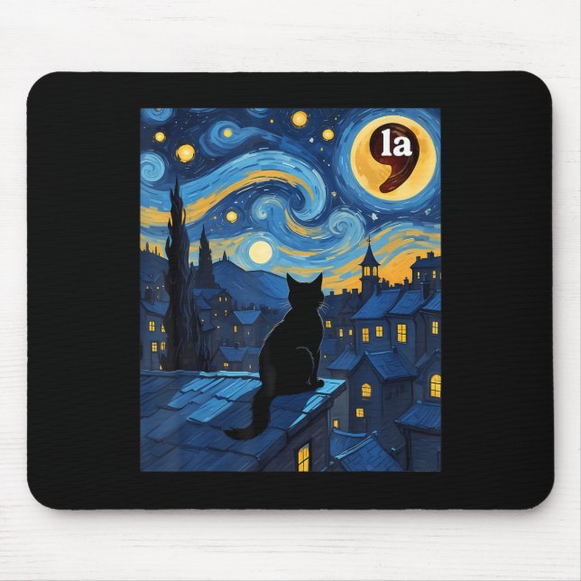 Mousepad Halloween Starry Night Black Cat Comma La Kamala H (Frente)