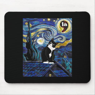 Mousepad Halloween Starry Night Tuxedo Cat Comma La Kamala