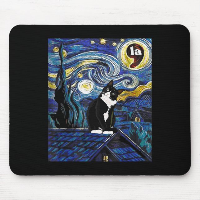 Mousepad Halloween Starry Night Tuxedo Cat Comma La Kamala (Frente)
