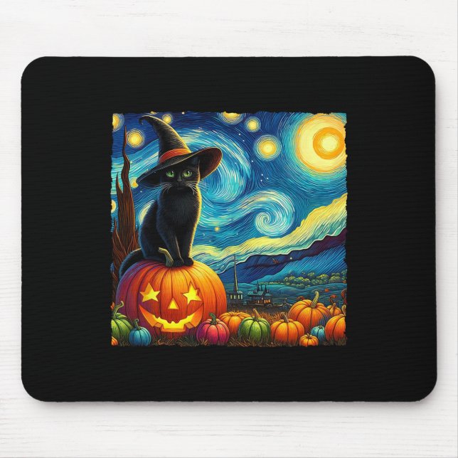 Mousepad Halloween Van Gogh Starry Night Black Witch Ha (Frente)